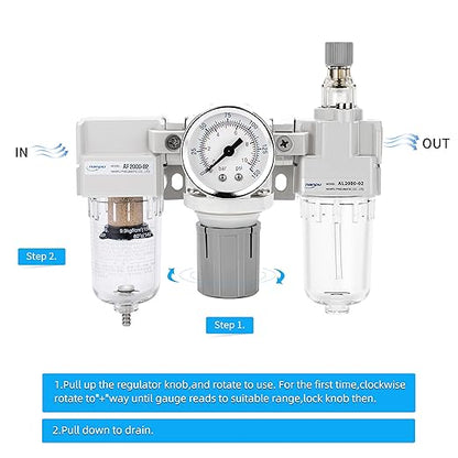 NANPU 1/4" NPT Air Filter, Regulator & Lubricator (FRL) Combo - Water/Oil Trap Separator - Pressure Gauge(0-150 psi), 5 Micron Brass Element, Semi-Auto Drain, Poly Bowl, Metal Bracket