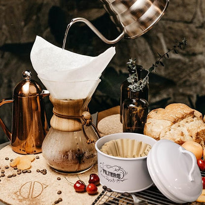 SOTECH Coffee Filter Holder Storage,White Basket Enamel Filter Jar Container in Rustic Farmhouse Distressed Enamelware Design Round for Counter(Metal Coffee Filter Jar)