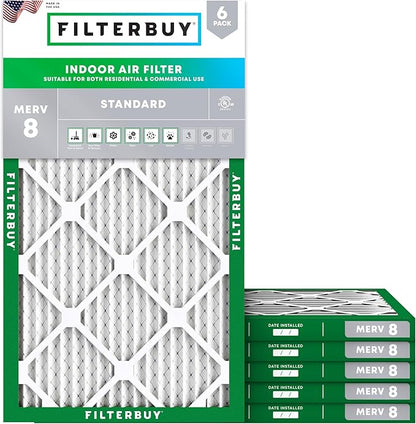 Filterbuy 10x25x1 Air Filter MERV 8 Essential Dust & Allergy Defense (6-Pack), Electrostatic Pleated HVAC AC Furnace Filters Replacement, Made in USA (Actual Size: 9.75 x 24.75 x 0.75)