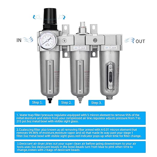 NANPU 1/2" NPT Industrial Grade 3 Stage Air Drying System - Particulate Filter, Coalescing Filter, Desiccant Dryer & Air Regulator, Metal Bowl, Auto Drain, Suitable for Paint Spray＆ Plasma Cutter