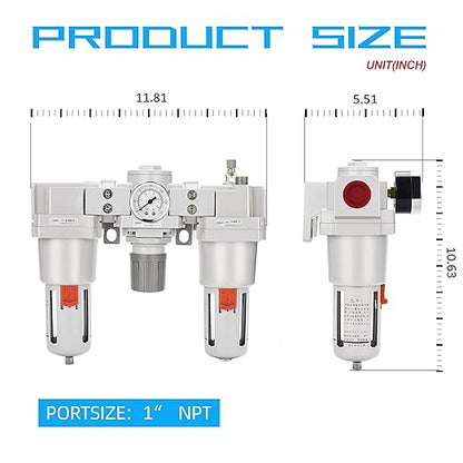 NANPU 1" NPT Air Filter, Regulator & Lubricator (FRL) Combo - Water/Oil Trap Separator - Pressure Gauge(0-150 psi), 5 Micron Brass Element, Semi-Auto Drain, Poly Bowl, Metal Bracket