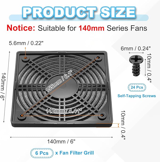 PATIKIL 135mm Fan Filter Grill, 6 Pcs Plastic Ventilation Dustproof Grill Cover Cooling Ventilator with Screws for Industry Workshop Computer Case Refrigerators Air Conditioning, Black