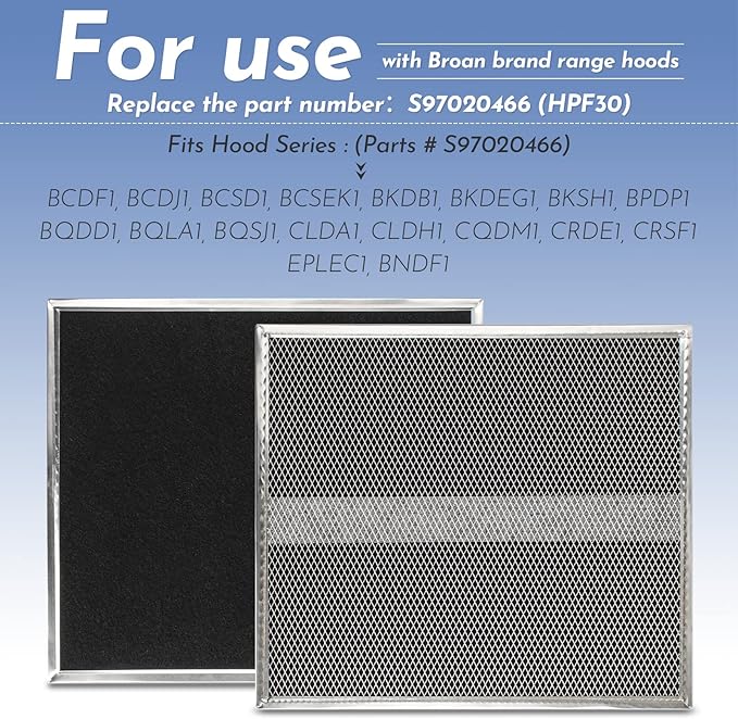 Upgrade HPF30 Charcoal Range Hood Non-Ducted Filter (with Clips), for Broan Nutone S97020466 Series Range Hood 14.6” x 12.8” x 0.14” Traps Odors Grease Filters Type XC - 2 Pack