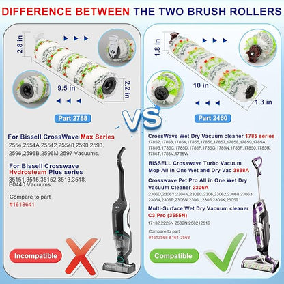 Lemige Brush Filter Replacement Parts for Bissell CrossWave Vacuum 3888A 1785 Pet Pro 2306A Cordless Wet Dry Vac, 3 Pack 2460 Multi-Surface Pet Brush Roll & 1866 Vacuum Filter, Part 1613568 1608684