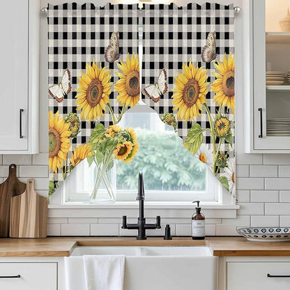 Sunflowers Swag Valances for Windows, Yellow Flowers Butterfly Farmhouse Black Plaid Rod Pocket Kitchen Curtains Valance, Small Window Curtains Swag for Cafe Bathroom Living Room, 2 Panels, 28x36 inch