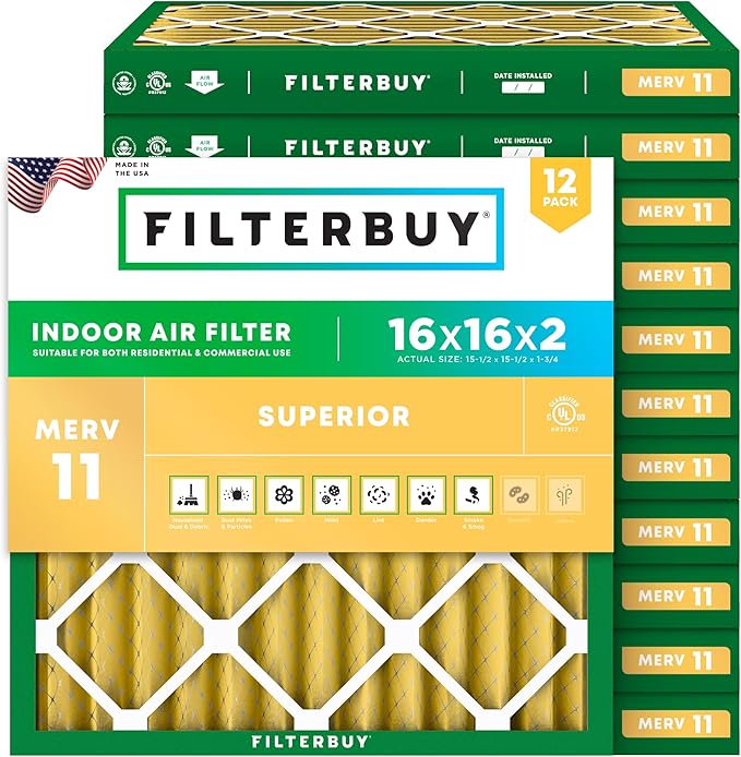 Filterbuy 16x16x2 Air Filter MERV 11 Superior Pet & Allergy Defense (12-Pack), Electrostatic Pleated HVAC AC Furnace Filters Replacement, Made in USA (Actual Size: 15.50 x 15.50 x 1.75)