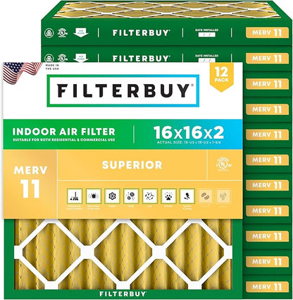 Filterbuy 16x16x2 Air Filter MERV 11 Superior Pet & Allergy Defense (12-Pack), Electrostatic Pleated HVAC AC Furnace Filters Replacement, Made in USA (Actual Size: 15.50 x 15.50 x 1.75)