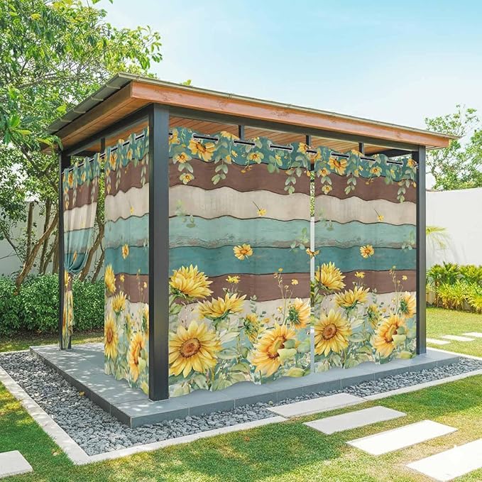 Sunflowers Outdoor Curtains for Patio Summer Floral Eucalyptus Leaves Vintage Wood Waterproof Outside Curtains with Grommet Top Weatherproof Curtain for Cabana Pergola Gazebo, 2 Pack, 54" W x 108" L