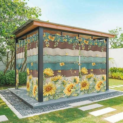 Sunflowers Outdoor Curtains for Patio Summer Floral Eucalyptus Leaves Vintage Wood Waterproof Outside Curtains with Grommet Top Weatherproof Curtain for Cabana Pergola Gazebo, 2 Pack, 54" W x 108" L