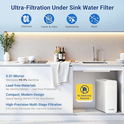 IceJoy TSU 0.01μm Ultra-Filtration Under Sink Water Filter System, 3-Stage Sink Water Filter Tankless Design with Faucet, Smart Panel Display, Eco-Friendly, No Electricity or Water Waste