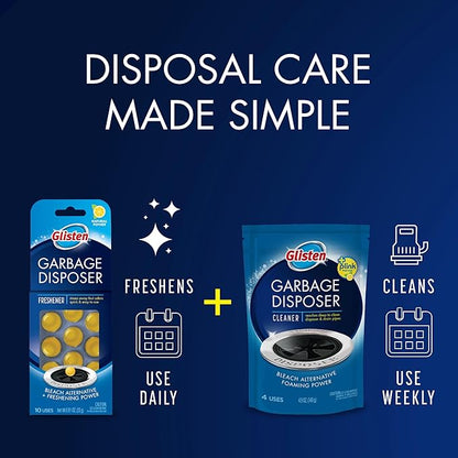 Glisten Garbage Disposer Cleaner and Freshener, Sink Disposal Odor Eliminator with Foaming Action, Lemon Scent, Made in the USA, 4 Packets