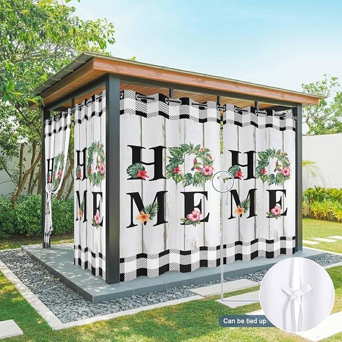 Summer Outdoor Curtains for Patio Leaves Garland Plumeria Wood Buffalo Plaid Waterproof Outside Curtains with Grommet Top Weatherproof Curtain for Cabana Pergola Gazebo, 2 Pack, 54" W x 95" L