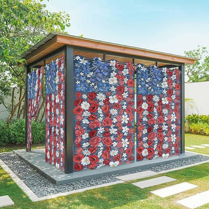 4th of July Outdoor Curtains for Patio Patriotic Flowers Farmhouse Red Waterproof Outside Curtains with Grommet Top Weatherproof Curtain for Cabana Pergola Gazebo, 1 Panel, 54" W x 95" L
