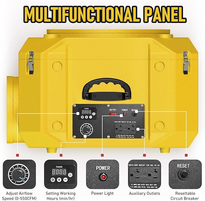 Commercial Air Scrubber, Negative Air Machine with 3-Stage Filtration, Commercial Air Purifier with HEPA/Carbon Filters/MERV-10, Heavy Duty Air Purifier for Industrial and Home, Yellow