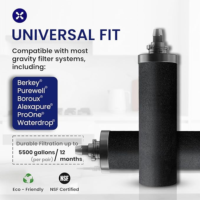 NSF Certified Carbon Replacement Filter Elements (PF-4) - Pack of 2 Filters for Phoenix Gravity Water Filters, Replacement for Berkey® BB9-2, Waterdrop, Purewell & Other Countertop Water Filters