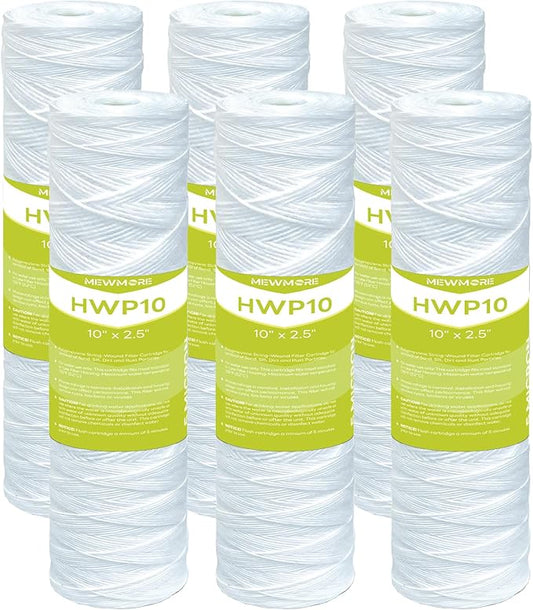 5 Micron Whole House Water Filter Cartridge, String Wound Sediment Filters for Well Water, Universal Replacement for Any 10 inch RO Unit - 10" x 2.5" Cartridges - Pack of 6