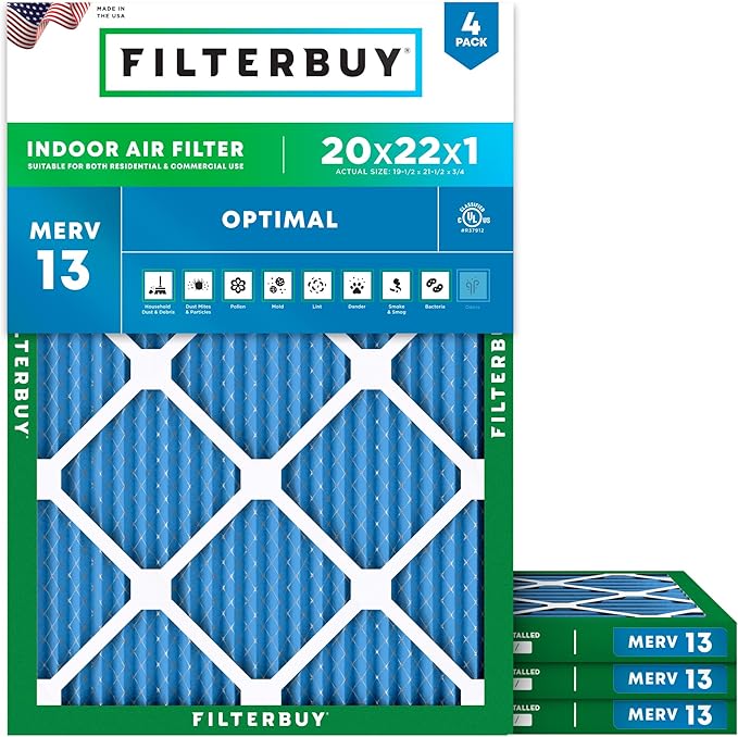 Filterbuy 20x22x1 Air Filter MERV 13 Optimal Smoke & Allergy Defense (4-Pack), Electrostatic Pleated HVAC AC Furnace Filters Replacement, Made in USA (Actual Size: 19.50 x 21.50 x 0.75)