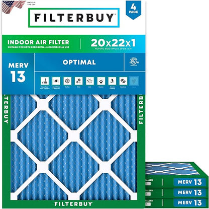 Filterbuy 20x22x1 Air Filter MERV 13 Optimal Smoke & Allergy Defense (4-Pack), Electrostatic Pleated HVAC AC Furnace Filters Replacement, Made in USA (Actual Size: 19.50 x 21.50 x 0.75)