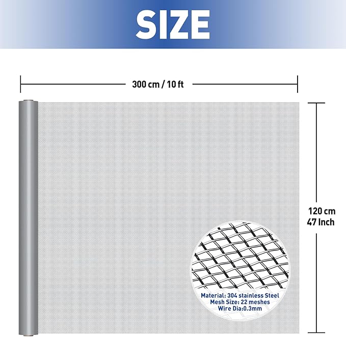 MAGZO 304 Stainless Steel Mesh Screen Roll 47in x 10ft - 22 Mesh Pet Proof Metal Window Screen Replacement, Screen Door Mesh for Patio,Porch,Pet,Cage,Vent Cover,Filter,Gutter Guard,Rodent Protection