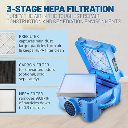 BlueDri Air Shield 550 HEPA Air Scrubber, Water Damage Restoration Equipment Air Purifier, Covers 1400 Sq. Ft, Daisy Chain Capable, For Commercial Use, Blue, BD-AS-550