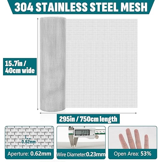 30 Mesh 304 Stainless Steel Mesh Screen, 15.7'' x 295''(40cm x 750cm) Wire Screen Mesh, Rust Free Woven Wire Mesh, Metal Mesh Screen for Air Vents, Garden Covers, Filters, Window Screen