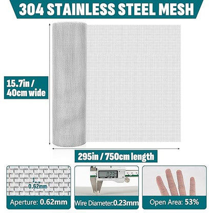 30 Mesh 304 Stainless Steel Mesh Screen, 15.7'' x 295''(40cm x 750cm) Wire Screen Mesh, Rust Free Woven Wire Mesh, Metal Mesh Screen for Air Vents, Garden Covers, Filters, Window Screen