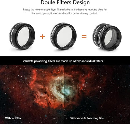 Astromania Telescope Filter, 1.25 Inch Variable Grey Polarizing Filter, Variable Polarizing Moon Filter for Astronomy Telescope & Eyepiece, Telescope Accessory with Adjustable 1-40% Light Transmission