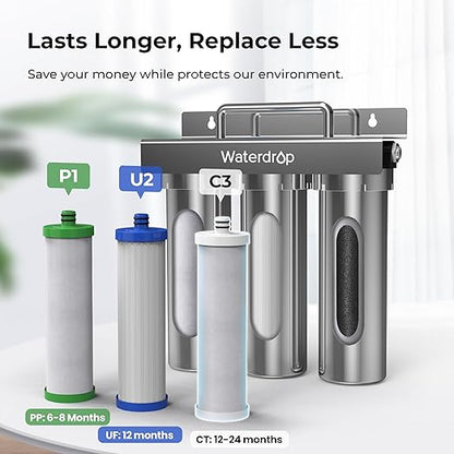 Waterdrop TST-UF-B 0.01 Micron Ultra-Filtration Under Sink Water Filter, 3-Stage Stainless Steel Under Sink Water Filtration System with Dedicated Faucet, 3 Filter Included (Drilling Required)