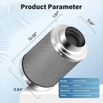 iPower 6 Inch Carbon Filter Odor Control with Australia Virgin Charcoal for Inline Fan Indoor Plants Grow Tent, Reversible Flange, Prefilter Included, 6", Silver