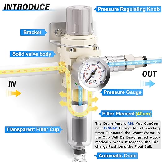 TAILONZ PNEUMATIC 1/4 Inch NPT Automatic Drain Air Filter Pressure Regulator Combo Piggyback, Air Tool Compressor Filter with Gauge AW2000-02D
