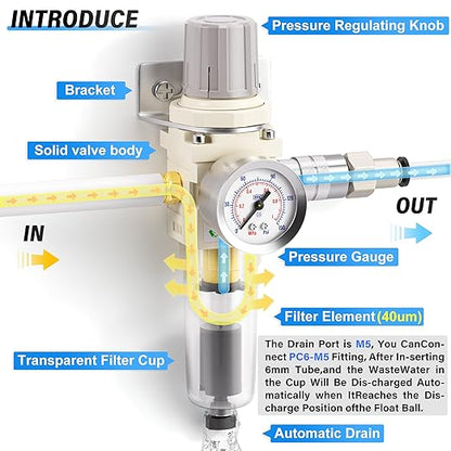 TAILONZ PNEUMATIC 1/4 Inch NPT Automatic Drain Air Filter Pressure Regulator Combo Piggyback, Air Tool Compressor Filter with Gauge AW2000-02D