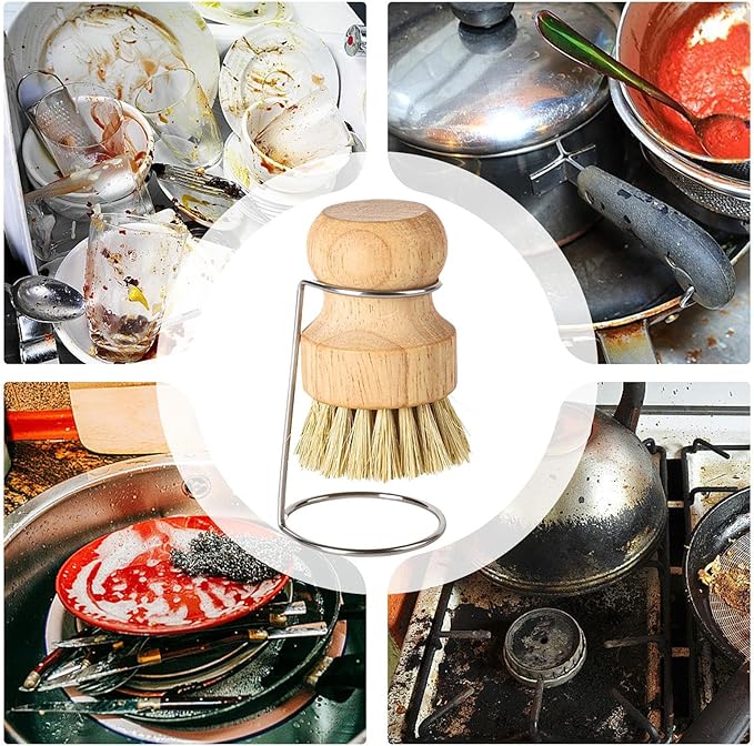 Kitchen Brush, Scrubber Cleaner with Wooden Handle and Drain Rack, Dish Scrubber for Sink Pots Pans Shower Bathroom Grout Tile Washing