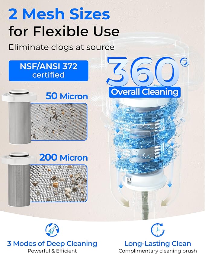 Waterdrop Spin Down Sediment Filter, 50/200 Micron Reusable Whole House Water Filter Sediment System, Flushable Pre-Filter System for City/Well Water,1" MNPT + 3/4" FNPT