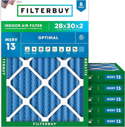 Filterbuy 28x30x2 Air Filter MERV 13 Optimal Smoke & Allergy Defense (6-Pack), Electrostatic Pleated HVAC AC Furnace Filters Replacement, Made in USA (Actual Size: 27.75 x 29.75 x 1.75)