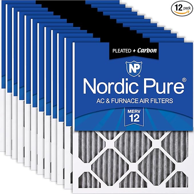 Nordic Pure 14x20x1 (Actual Size: 13 1/2 x 19 1/2 x 3/4) Furnace Air Filters MERV 12 Pleated Plus Carbon 12 Pack