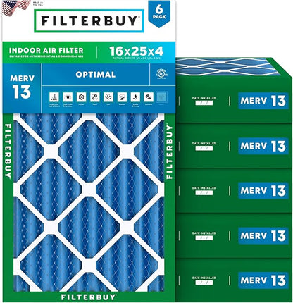 Filterbuy 16x25x4 Air Filter MERV 13 Optimal Smoke & Allergy Defense (6-Pack), Electrostatic Pleated HVAC AC Furnace Filters Replacement, Made in USA (Actual Size: 15.50 x 24.50 x 3.63)