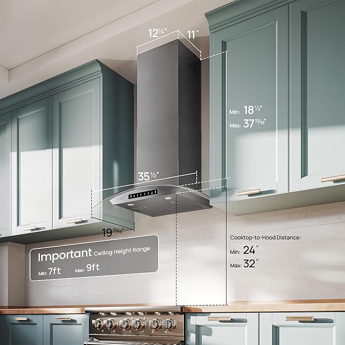 36" Wall Mount Range Hood Tempered Glass 900 CFM, Kitchen Chimney Vent Stainless Steel, with Gesture Sensing and Touch Control Switch Panel, 3-Speed Exhaust Fan Permanent Filter