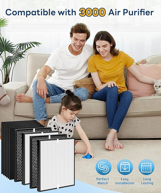 10 Pack AD3000 Replacement Filter Compatible with 3000 Air Purifi-er, with 2 main filter + 2 Activated Carbon filters + 6 Carbn Pre-Filters