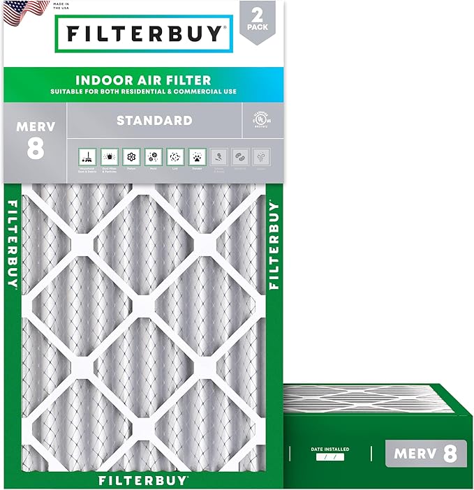 Filterbuy 12x20x4 Air Filter MERV 8 Essential Dust & Allergy Defense (2-Pack), Electrostatic Pleated HVAC AC Furnace Filters Replacement, Made in USA (Actual Size: 11.50 x 19.50 x 3.63)