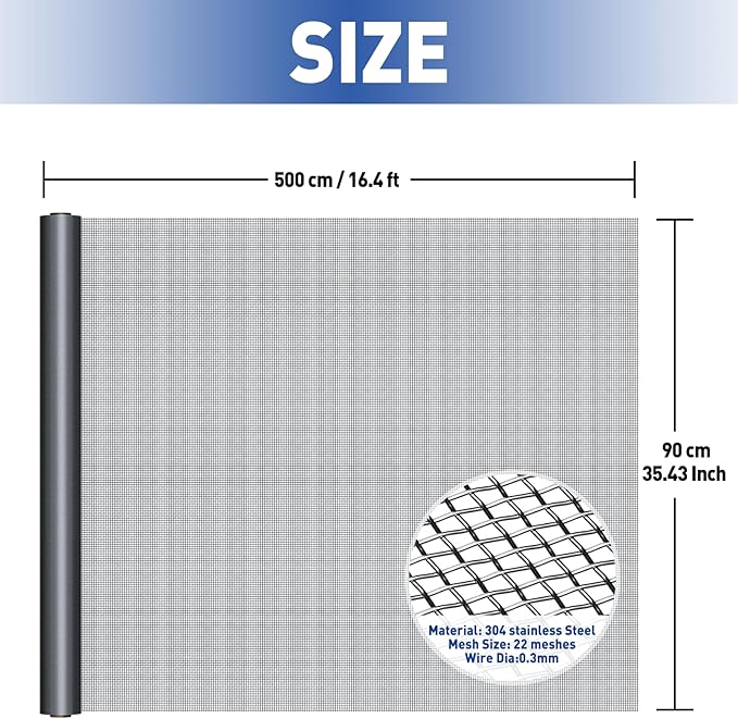MAGZO 304 Stainless Steel Mesh Screen Roll 35in x 16ft - 22 Mesh Pet Proof Metal Window Screen Replacement, Screen Door Mesh for Patio,Porch,Pet,Cage,Vent Cover,Filter,Gutter Guard,Rodent Protection