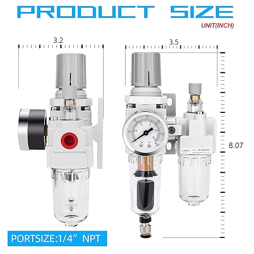 NANPU 1/4" NPT Auto-Drain Air Filter Regulator Lubricator Combo (FRL) Water/Oil Trap Separator - Gauge(0-150 psi), 5 Micron Brass Element, Poly Bowl, Metal Bracket