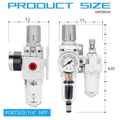 NANPU 1/4" NPT Auto-Drain Air Filter Regulator Lubricator Combo (FRL) Water/Oil Trap Separator - Gauge(0-150 psi), 5 Micron Brass Element, Poly Bowl, Metal Bracket