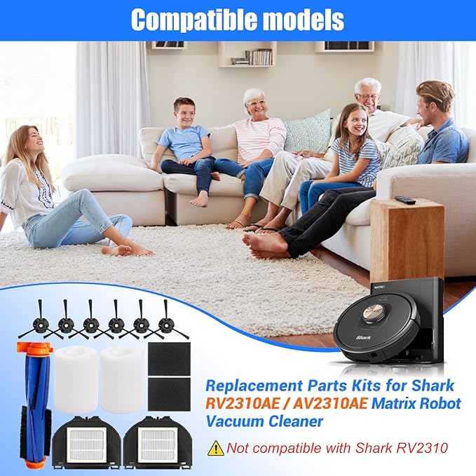 Replacement Parts for Shark RV2310AE/AV2310AE/RV2320S/RV2300S/UR2360S Matrix Robot Vacuum Cleaner,1 Main Brush Roller, 6 Side Brushes, 2 HEPA Filters, 2 Foam Filters(Not for RV2300/RV2310)-13Pack