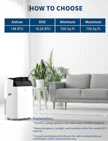 GarveeLife 14,000 BTU Portable Air Conditioners - Smart AC Units Cold with Drainage-free 48db Quiet Cooling within 750 sq.ft, Remote Control 24H Timer/Dehumidifier/Fan Modes for Bedroom Room Indoor