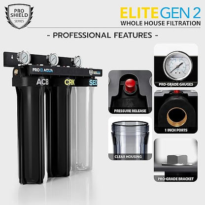 PRO+AQUA Elite Series GEN2 PRO-100-E 3-Stage Whole House Water Filtration System for City & Well Water with Pressure Gauges | Removes 99% of Chlorine, VOCs, Odors & Contaminants with Extra Filter Set