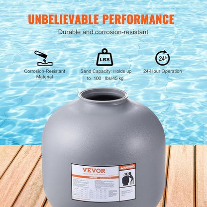 VEVOR 22 Inch Sand Filter, Up to 55 GPM Flow Rate, Above Inground Swimming Pool Sand System with 7-Way Multi-Port Valve, Filter, Backwash, Rinse, Recirculate, Waste, Winter, Closed Functions, Grey