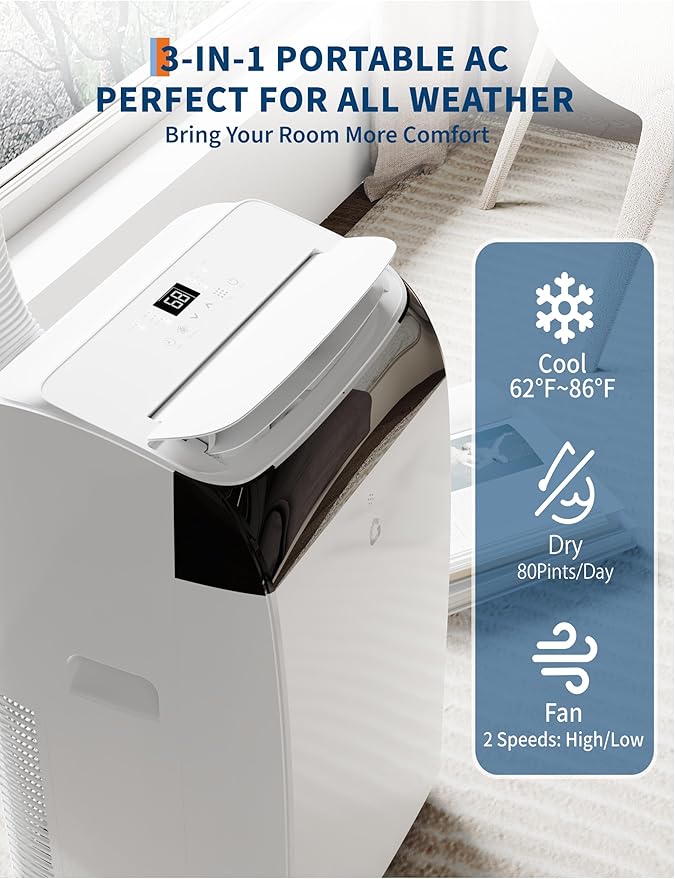 GarveeLife 12,000 BTU Portable Air Conditioners - Smart AC Units Cold Air System Quiet Cooling within 550 sq.ft with Remote Control 24H Timer/Dry/Fan Modes Drain-Free Window Installation Kits