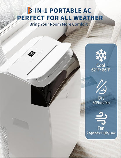 GarveeLife 12,000 BTU Portable Air Conditioners - Smart AC Units Cold Air System Quiet Cooling within 550 sq.ft with Remote Control 24H Timer/Dry/Fan Modes Drain-Free Window Installation Kits