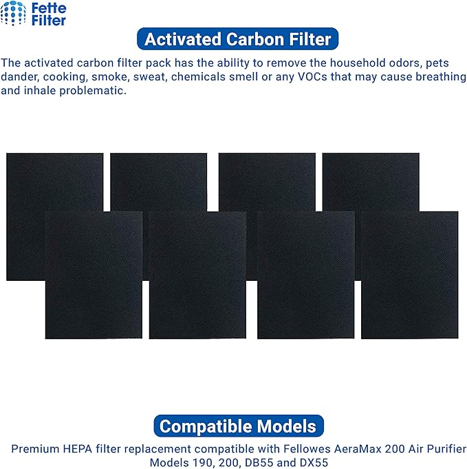 Fette Filter -Premium True Hepa H13 Filter Replacement Compatible with Fellowes AeraMax 190/200/DX55 Air Cleaner Purifiers Part # 9287101 9324101 (2-Hepa + 8 Carbon Filters)