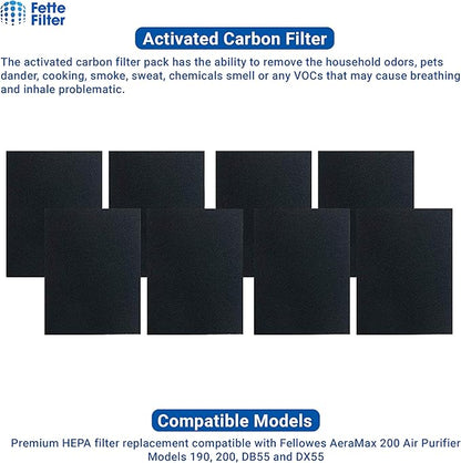 Fette Filter -Premium True Hepa H13 Filter Replacement Compatible with Fellowes AeraMax 190/200/DX55 Air Cleaner Purifiers Part # 9287101 9324101 (2-Hepa + 8 Carbon Filters)